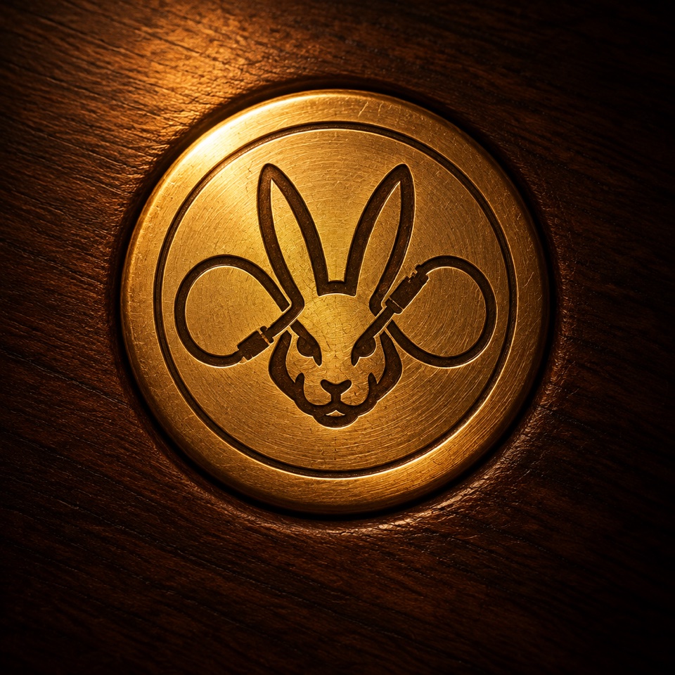 Médaille de laiton gravée d’un lapin, posée sur du noyer