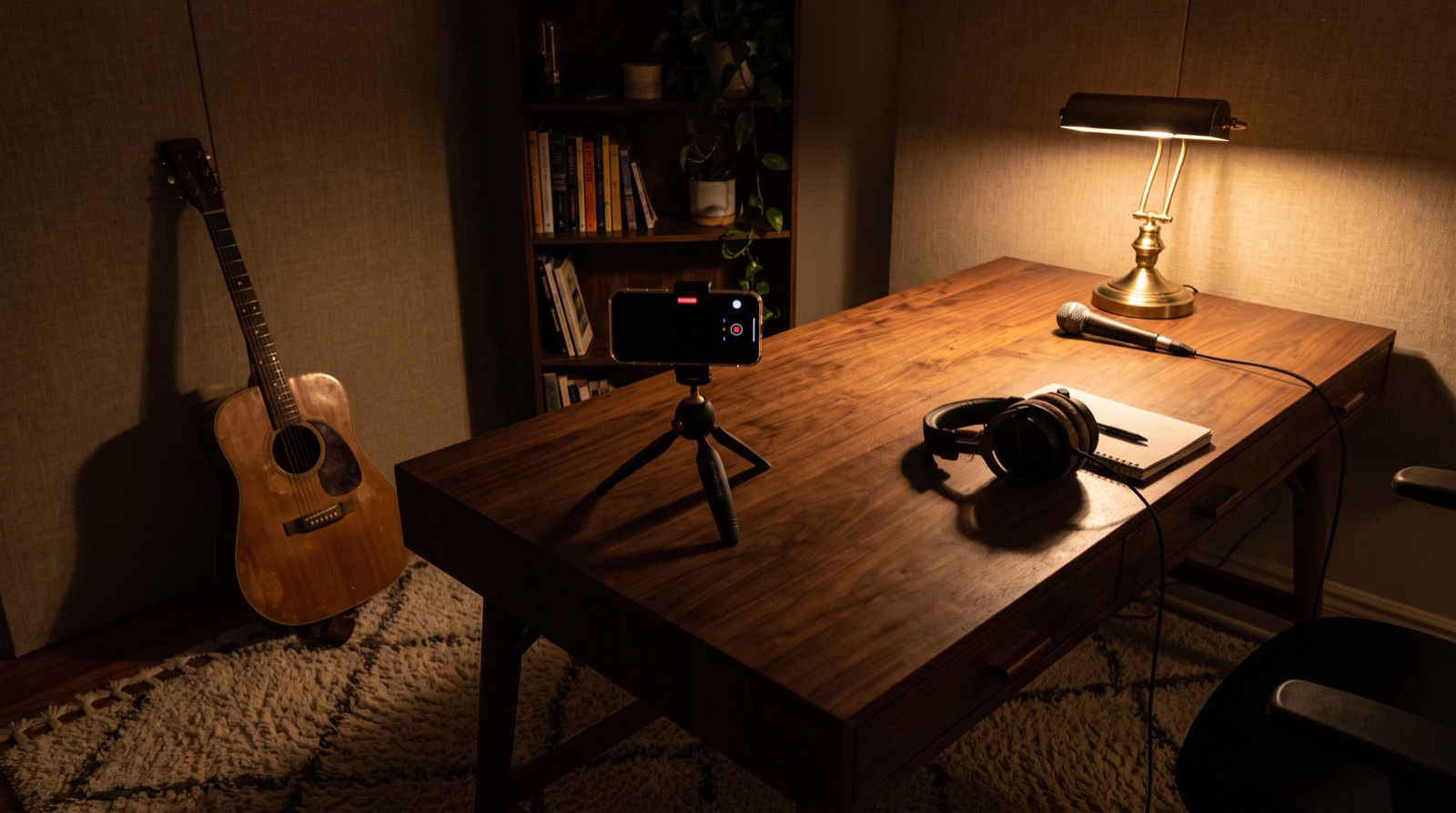 Un petit studio maison la nuit : un téléphone sur trépied, un casque et une guitare sous une lampe de laiton