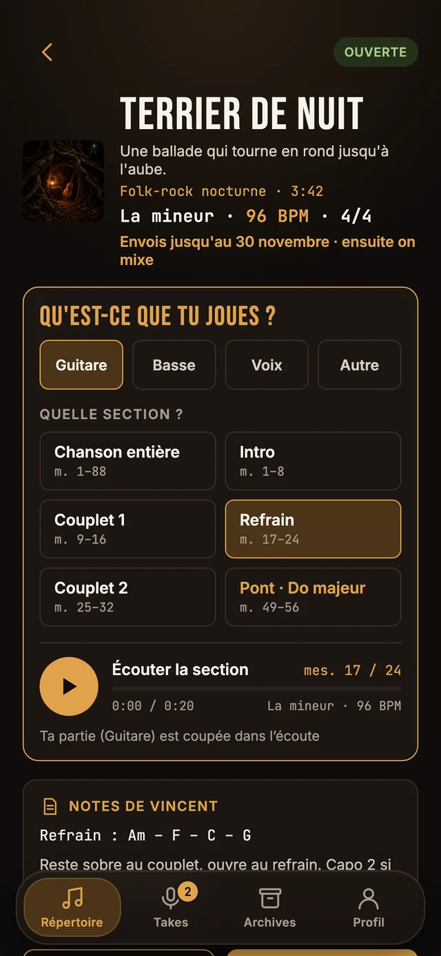 Écran « La chanson » de l’app Lapiloop
