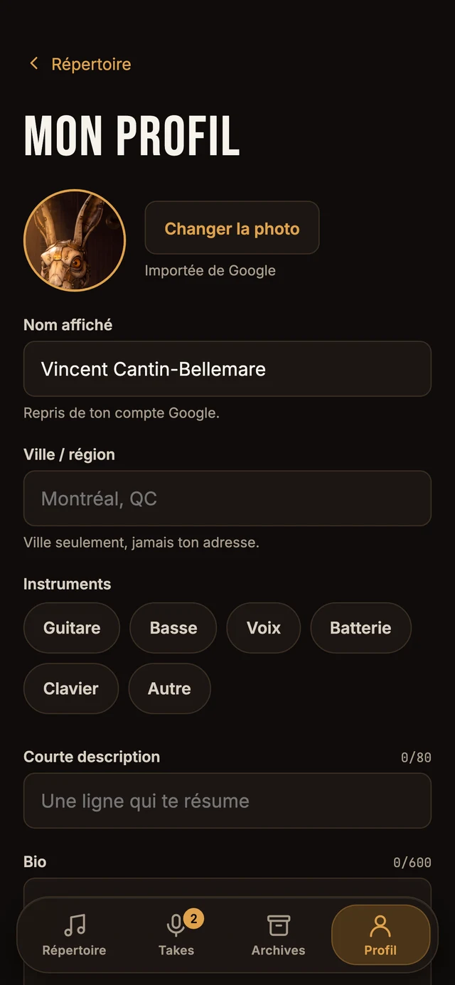 Écran « Ton profil » de l’app Lapiloop