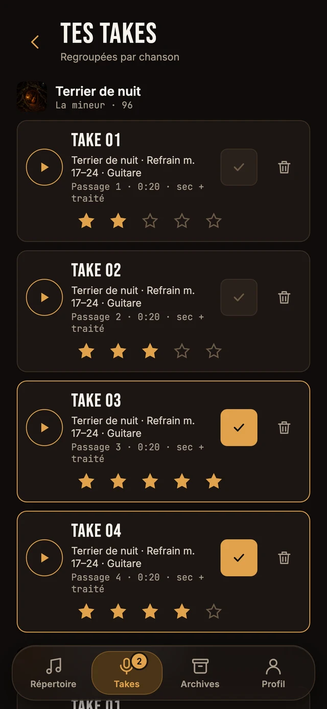 Écran « Tes takes » de l’app Lapiloop